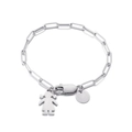 Silver paperclip chain bracelet featuring a girl silhouette and round disk charm on white - Steel Color (KB149331-Z)