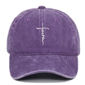 Close-up of cross embroidery and faith lettering on washed purple cotton baseball cap - Adjustable / Purple