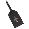 Black leather luggage tag with gold airplane pattern and adjustable buckle strap - Black