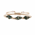 Handmade woven bracelet with green ceramic shell beads and adjustable beige cord - Dark Green