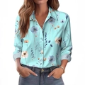Muntgroene chiffon blouse met bloemenprint, lange mouwen, reverskraag en casual pasvorm - S / Mintgroen Bloemen