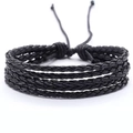 Detail of black multi-strand woven leather bracelet with adjustable drawstring closure - 5 Braided PU Strips / Black