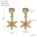 Detailed view of starburst zircon earrings with 18k gold plating and exact measurements - White Flower Style (1795-01)