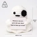 Detail view of handmade crochet ghost plush holding a card, 7cm high and 7.5cm wide - Ghost