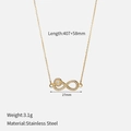 Collana infinito in acciaio dorato con zirconi e misure dettagliate su sfondo bianco - Oro con zirconia bianca