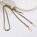 Golden metal chain strap with black leather weave and adjustable rhinestone ball slider - Black Leather Light Gold Chain + Rhinestone Ball