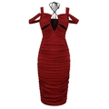 Elegant red shimmering bodycon dress with halter neckline and cut-out details - S / Dark Red