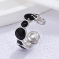 Minimalist open silver ring with polished black onyx style round inlay decorations - Adjustable Open / Silver Black Wave Dot (JR275-S7)