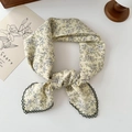 Pastel yellow floral cotton linen neck scarf with blue flowers and green crochet lace edge - Floral Yellow