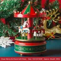 Green wooden carousel music box with red Christmas details, 10x10x16cm rotating ornament - Green
