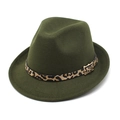 Olive green wool fedora hat with leopard print band and gold buckle on white background - M (56-58cm) / Army Green