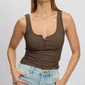 Slim fit dark brown ribbed tank top for women with sleeveless U-neck and buttons - S / Coffee