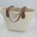 Beige woven cotton tote bag with brown leather handles and large storage capacity - Open Top / Off-white