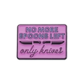 Pink enamel rectangle brooch with 'NO MORE SPOONS LEFT' and knives graphic design - Pink-No More Spoons