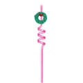 Pink spiral plastic party straw with green Christmas wreath decoration on white background - Christmas Wreath / Pink