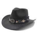 Classic black straw cowboy hat featuring floral embroidery and a vintage metal buckle - M (56-58cm) / Black