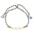 Detailed view of the multi-color braided rope bracelet with three white faux pearls - Purple Blue Yellow White Mixed (BE1681GD04)