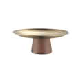 Detailed view of round brass metal plate on a conical reddish-brown wood pedestal base - Medium (20x7.5cm) / Gold
