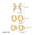 Detailed view of 18K gold plated earring set with zircon studs and hoops including dimensions - Pentagram Zircon 3 Pairs Set