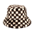 Detailed close-up of brown and beige checkerboard faux fur bucket hat texture - M (56-58cm) / Coffee