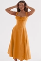 Elegant orange midi camisole dress with corset-style tie-front and slim waist design - S / Tops / Orange