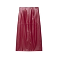 Detail view of burgundy PU leather midi skirt with minimalist cross stitching and smooth texture - S / Red Skirt