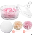 Pink and beige plush powder puff set with glass jar and scoops for body powder - 1 Beige + 1 Pink + 2 Spoons + 11 Large Puffs (In Glass Jar)