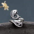 Adjustable S925 sterling silver ring with vintage koi carp fish and wave relief - Koi Fish Ring