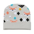 Light gray knit beanie featuring orange fox and pine tree patterns for winter warmth - Light Grey Fox Forest Pattern (I)