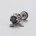 Detailed macro view of silver steel stud earring with black zircon setting and dimensions - Lotus Base Style (S60)
