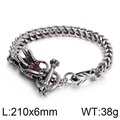 Vintage silver dragon head bracelet in 210mm length with red stone eyes and toggle clasp - Style A Steel Dragon