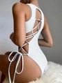 Sleek white one-piece swimsuit with intricate back cross-straps and hollow-out lace-up details - White