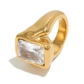 18K gold plated stainless steel ring with rectangle crystal and fluid design - US 6 / Gold