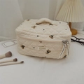 Quilted corduroy bear makeup bag detail with top handle and embroidery on white fabric - Cream White Large Cosmetic Bag (41012) / 23x15x16cm