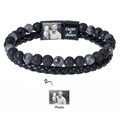 Men double-layer leather and map stone beaded bracelet with custom photo magnetic clasp - Style 9 (Custom Photo)