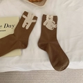 Brown mid-calf cotton socks with a cute beige cartoon bear design for casual wear - One Size / Brown Bear