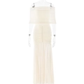 Dettaglio dell'abito in tulle beige con eleganti volant e design con spalle scoperte - M / Albicocca