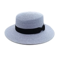 Detail of lavender boater hat with fine straw texture and a black bow ribbon - M (56-58cm) / Sky Blue