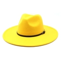 Detail of bright yellow wool fedora hat featuring a black leather band and silver buckle - M(56-58cm) / Yellow