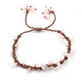 Detail of handmade woven bracelet with pink rose quartz stones and adjustable brown cord - Rose Quartz