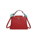 Red leather top handle bag with metal V logo and printed scarf, chic crossbody handbag. - Red