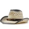 Chapeau de cowboy en paille tressée avec finition laquée et pendentif plume - M (56-58cm) / Ajouré Beige Noir