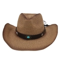 Bruine geweven Panama strooien cowboyhoed met turquoise edelsteen en verstelbare kinband - Eén maat / Camel met Windtouw (Ruit Turkoois)