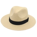Classic beige Panama straw hat with a stylish black ribbon band for men and women - One Size / Beige