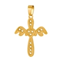 Detail of 18k gold cross pendant featuring wings and heart set with clear stones - HD-80 Wing Heart Cross Pendant