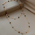 Collar de doble capa chapado en oro de 18k con piedras ojo de tigre y perlas barrocas - Dorado-Marrón (Chapado en Oro de 18 Quilates)