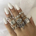 7-piece gothic silver ring set featuring butterfly, heart, and yinyang motifs - 03 Antique Silver 0800 (9pcs Set)