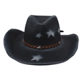 Classic black woven cowboy hat with white star print and studded leather band - Gradient Star (With Windproof Rope) / Black