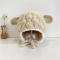 Gorro de invierno beige de felpa para bebé con orejas 3D y orejeras cálidas en vellón - Cordero de Peluche [Beis]
