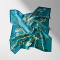 Detail view of Van Gogh Almond Blossom silk scarf with elegant blue border and soft texture - 53cm / Almond Blossoms - Van Gogh